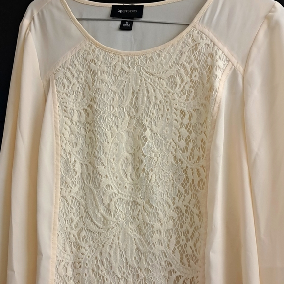AB Studio Tops - AB Studio Cream Lace Sheer Bell Sleeve Tunic Blouse M
